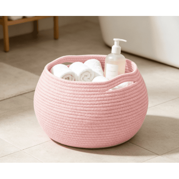 Large Woven Blanket Basket,Cotton Rope Laundry Basket Hamper with Handles, Decorative Nursery Basket Storage Bin for Toys, Clothes Organizer, Living Room, Bedroom, Bathroom (Pink)