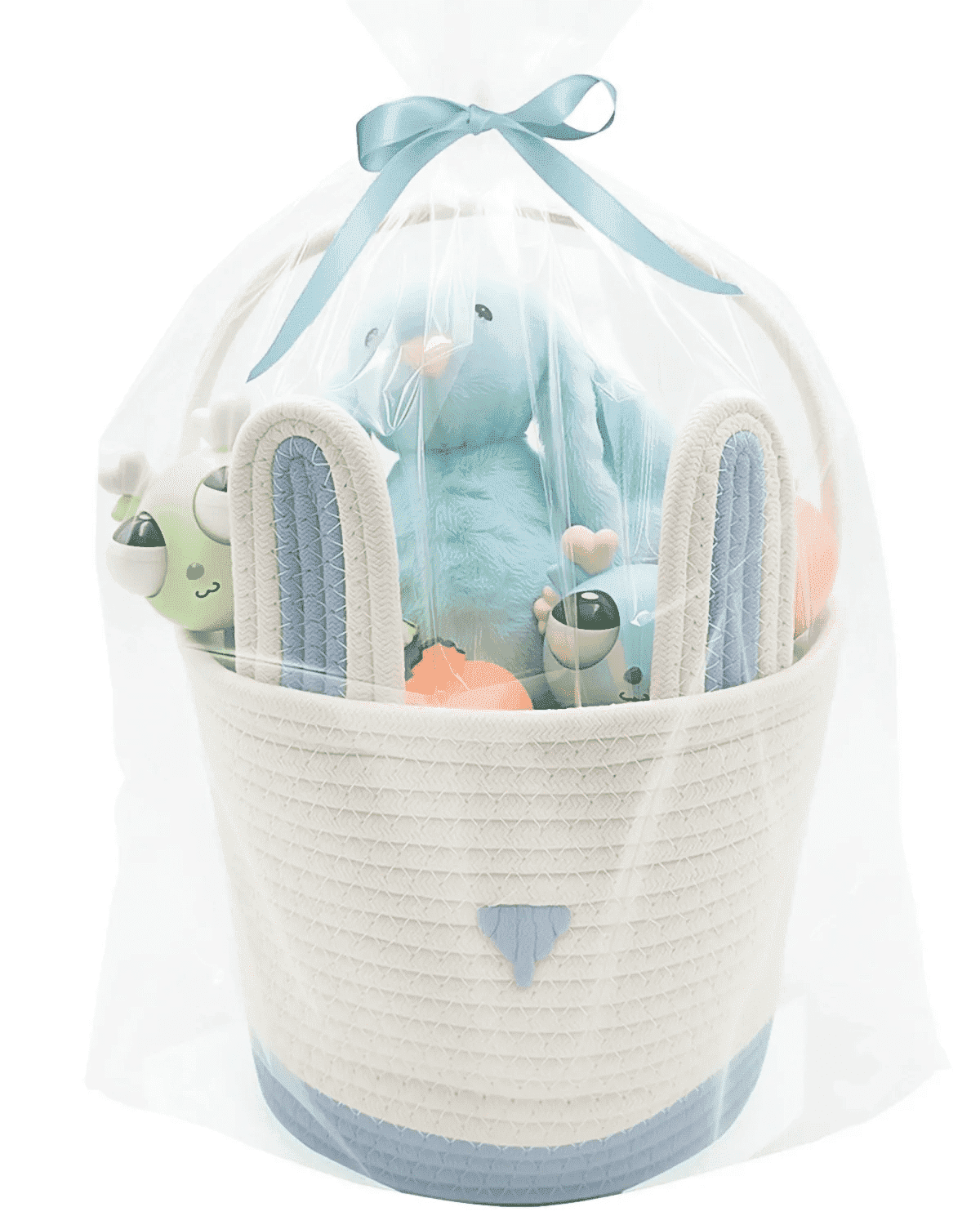 Large Woven Easter Baskets for Girls & Boys - Empty Basket with Gift Bags and Ribbons Cute Easter Decorations Bunny Ears Designs (Blue)