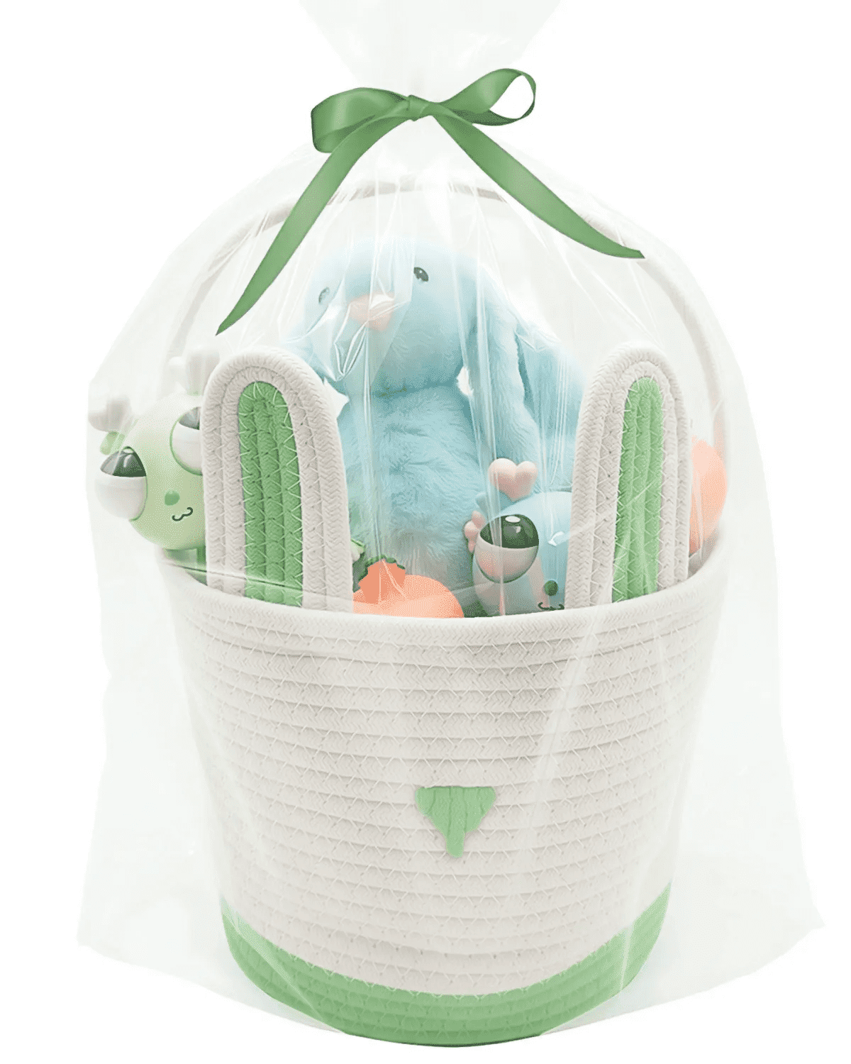 Large Woven Easter Baskets for Girls & Boys - Empty Basket with Gift Bags and Ribbons Cute Easter Decorations Bunny Ears Designs (Green)