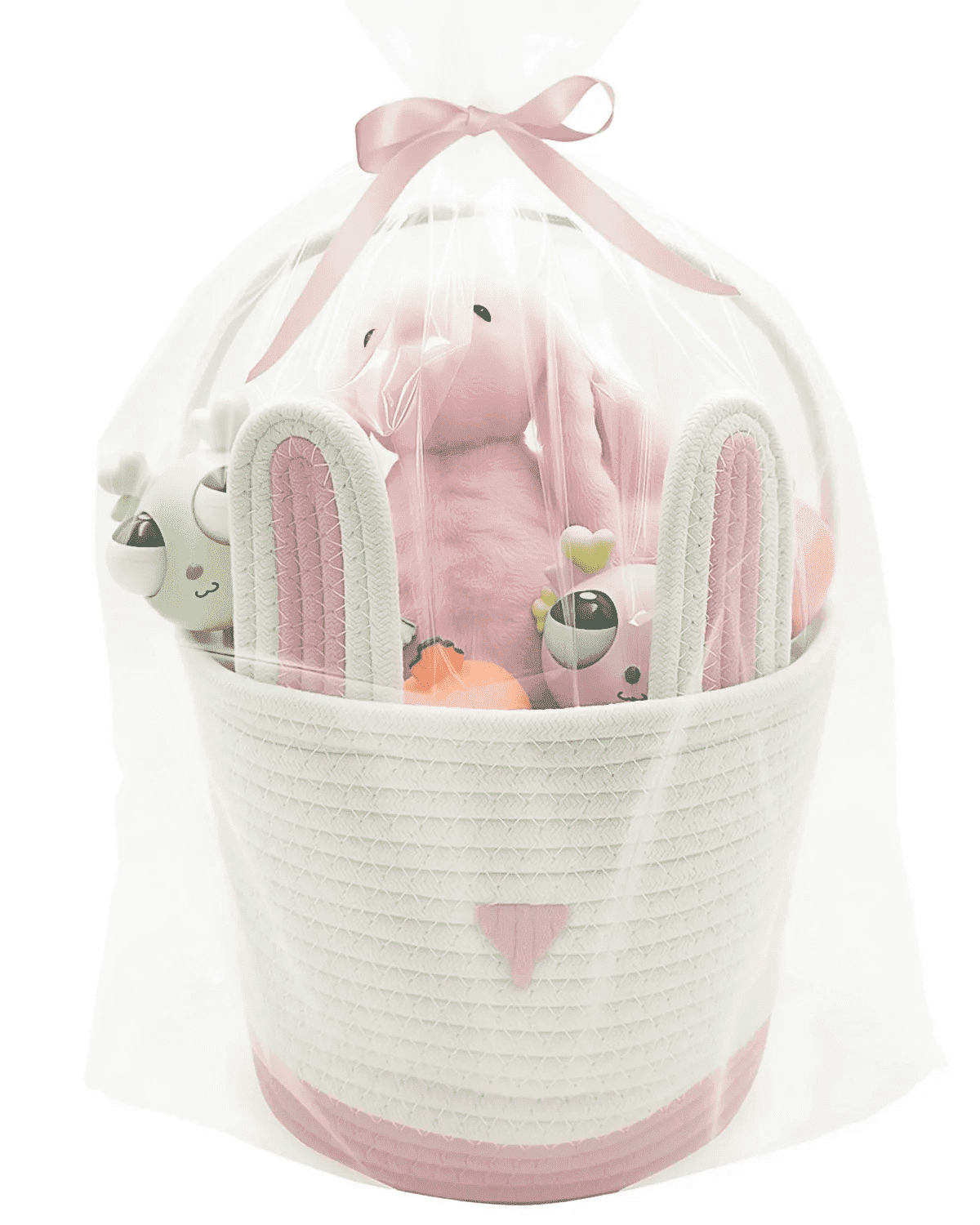 Large Woven Easter Baskets for Girls & Kids - Empty Basket with Gift Bags and Ribbons Cute Easter Decorations Bunny Ears Designs (Pink)