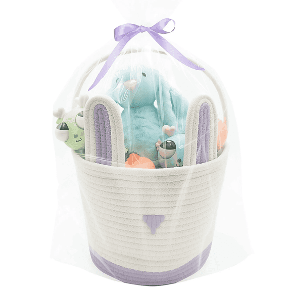 Large Woven Easter Basket for Kids with Bunny Ears - Includes Gift Bags & Ribbons (Purple)