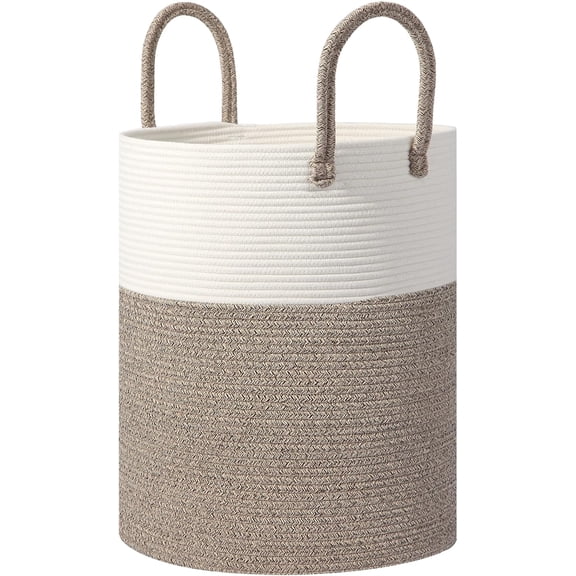 Large Woven Laundry Basket Hamper, 60L Cotton Rope Storage Basket for Blankets in Living Room, Decorative Tall Nursery Hamper for Clothes and Toys, White and Brown