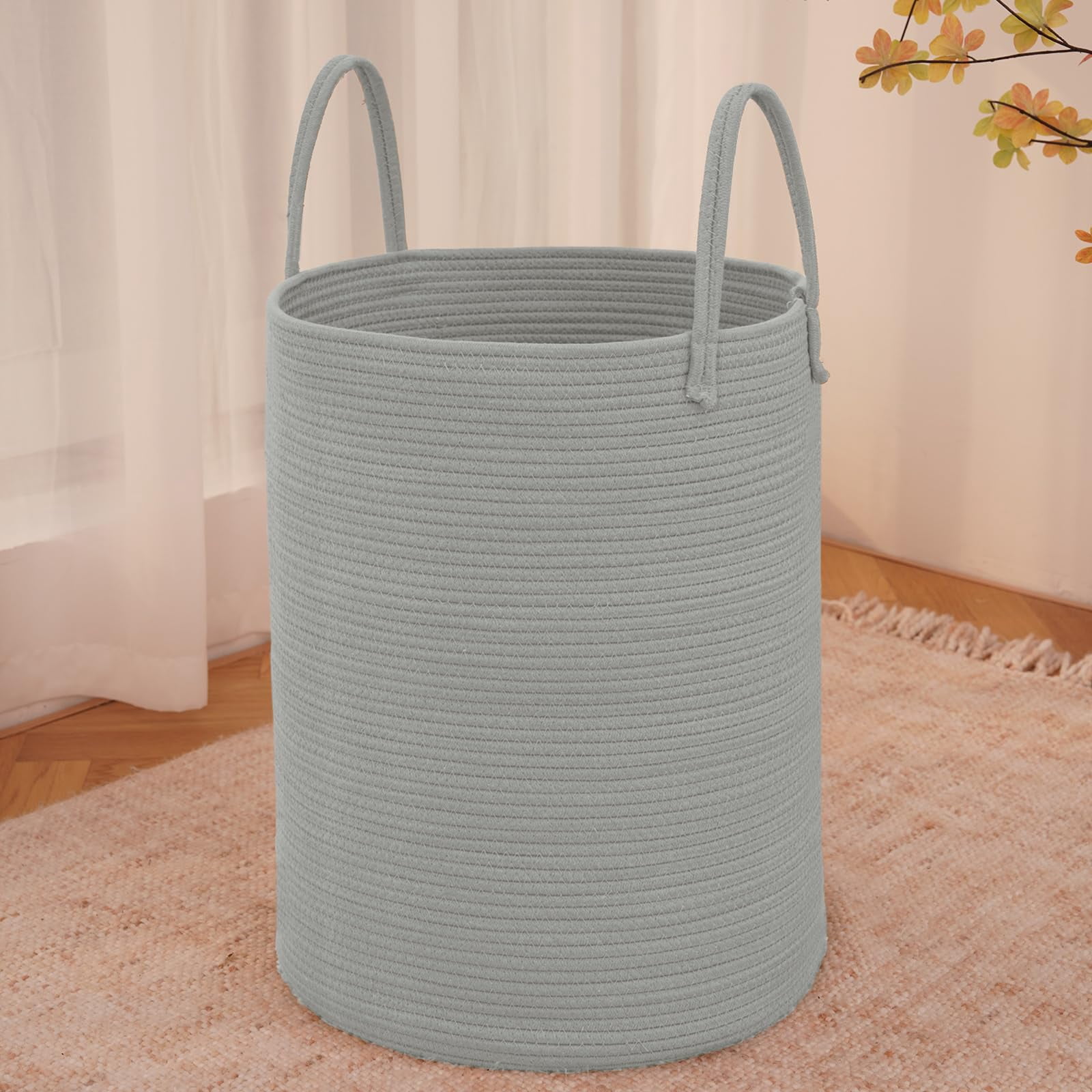 Large Woven Laundry Basket Hamper,60L Cotton Rope Storage Bin for Blankets,Toys and Clothes,Decorative Tall Nursery Hamper for Living Room,Baby Nursery,Bathroom and Bedroom