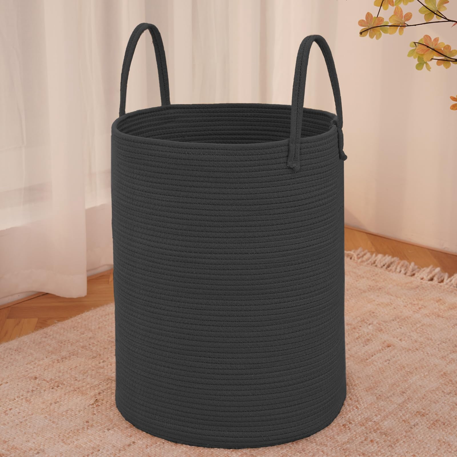 Large Woven Laundry Basket Hamper,60L Cotton Rope Storage Bin for Blankets,Toys and Clothes,Decorative Tall Nursery Hamper for Living Room,Baby Nursery,Bathroom and Bedroom
