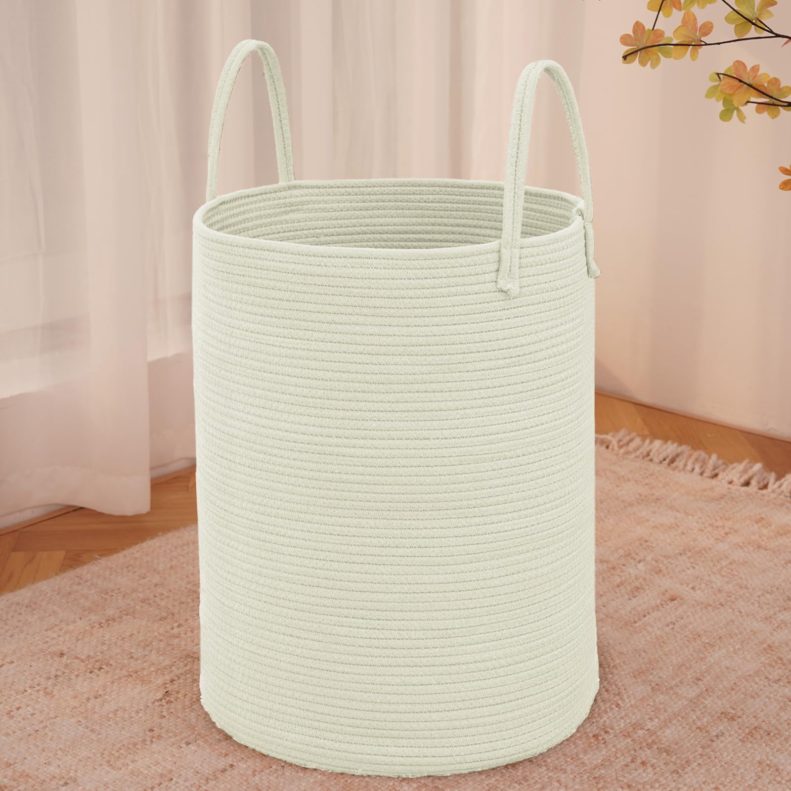 Large Woven Laundry Basket Hamper,60L Cotton Rope Storage Bin for Blankets,Toys and Clothes,Decorative Tall Nursery Hamper for Living Room,Baby Nursery,Bathroom and Bedroom