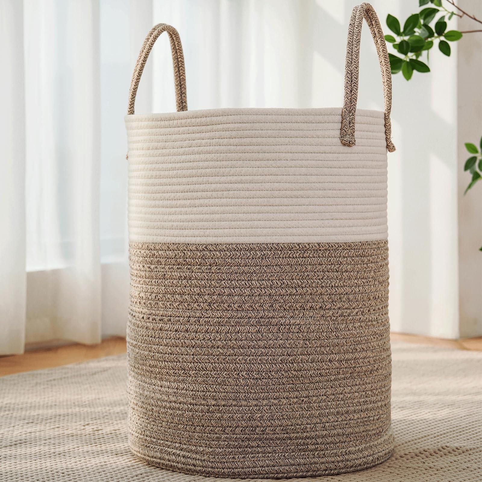 Large Woven Laundry Basket Hamper,60L Cotton Rope Storage Bin for Blankets,Toys and Clothes,Decorative Tall Nursery Hamper for Living Room,Baby Nursery,Bathroom and Bedroom