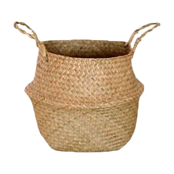 Large Woven Seagrass Belly Basket, Multipurpose Storage for Laundry, Picnic, Grocery, Plant Pot with Sturdy Handles, Decorative Home Organizer, 1 Basket