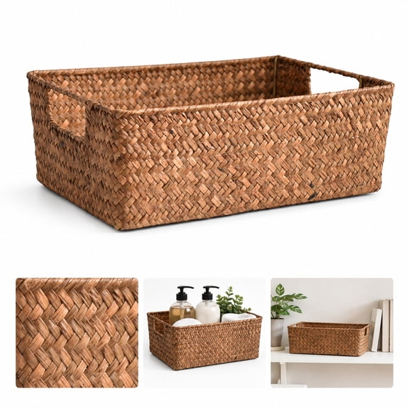 Large Woven Storage Basket, 40 x 29 x 13 cm Rectangular Shelf Organizer with Side Handles, Brown