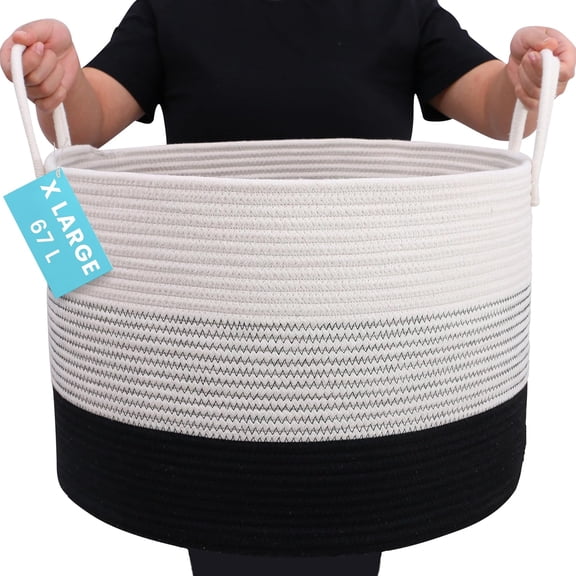 Large Woven Storage Basket for Blankets and Toys 20" x 13" Inch, Rope Laundry Basket with Handles, Cushions & Pillows Storage Bin, Nursery Hamper, Soft Round Dog Toy Bin - Black/Off-White