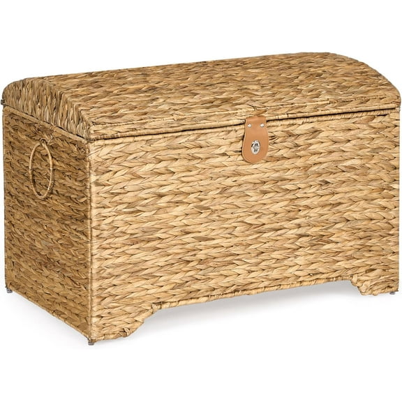 Large Woven Storage Basket with Lid, 178L Plastic Rattan Storage Bin, Leather Buckle & Metal Frame, Oversized Ring Handles, Storage Trunk for Home Organization