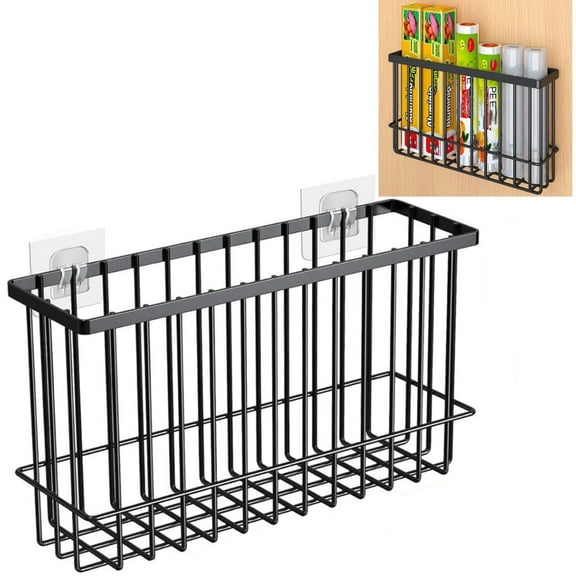 Large Wrap Holder Metal Hanging Basket Cupboard Door/Cabinet Door/Pantry Door/Wall Mounted Storage Basket Self Adhesive Storage Basket for Kitchen Organization No Drilling Required Black