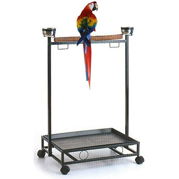 Large Wrought Iron Parrot Bird Play Stand Natural Wood Perch Stainless Steel Bowls Play Gym Play Ground Rolling Stand