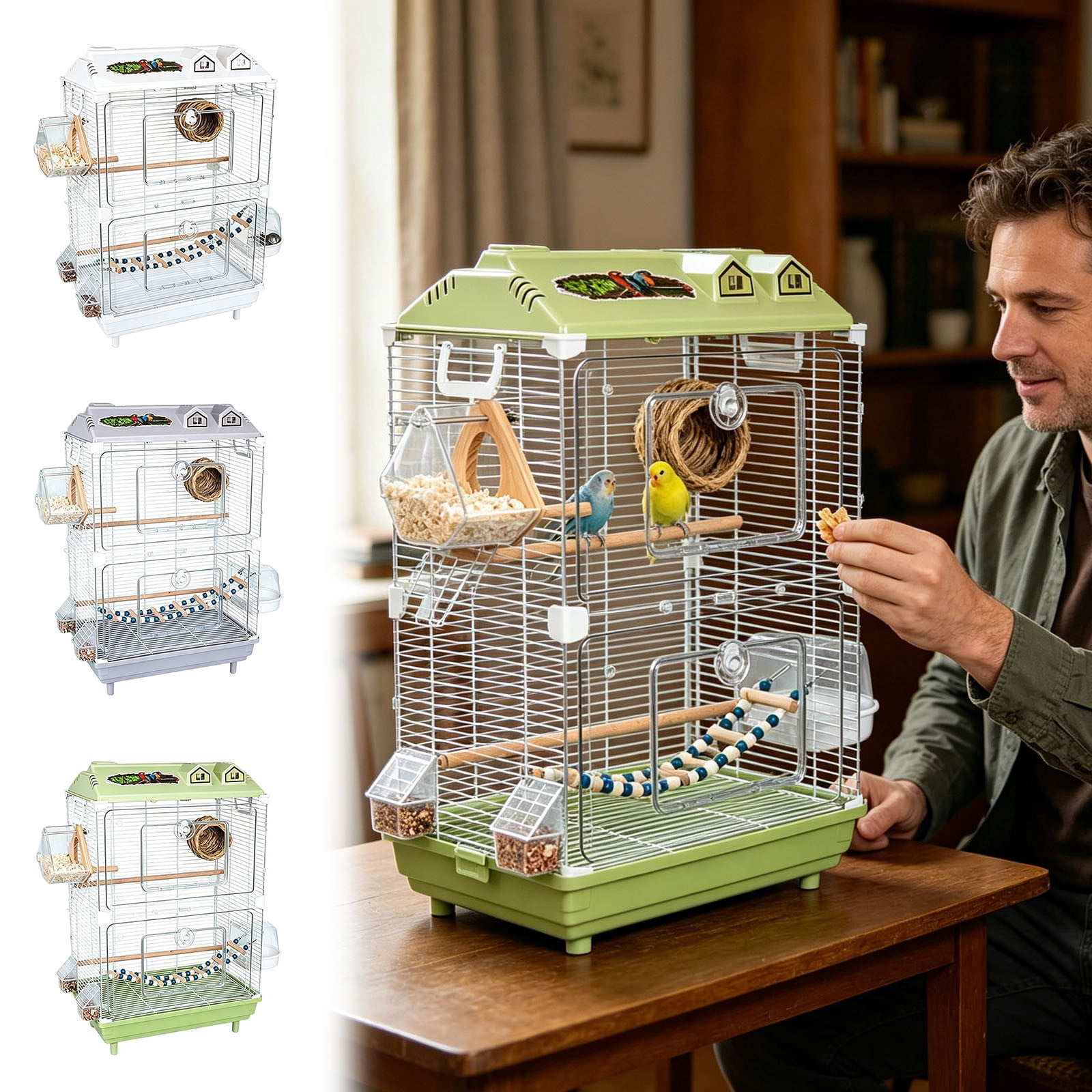 Large Wrought Iron Rolling Bird Cage with Detachable Stand Spacious Flight Aviary for Parakeets Finches Small Pet Birds | 18.50x11.81x30.31 in Grey