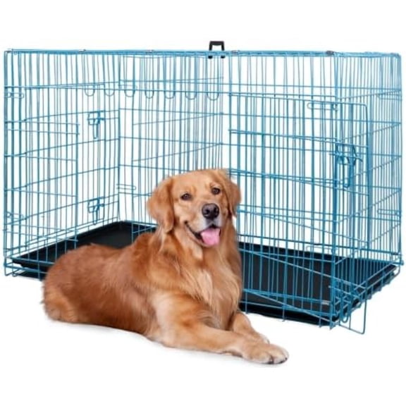 Large XXL Dog Crate for Training Indoor Use, Blue Metal Wire Folding Kennel with Double-Door, Durable Segregation Cage for Large Dogs