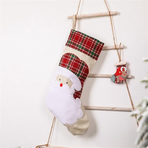 Large Xmas Stocking Printed Pattern Burlap Hessian Linen Sack Sock Hanging Bags Home Decorations-Reindeer/Santa Claus, 17 Inch
