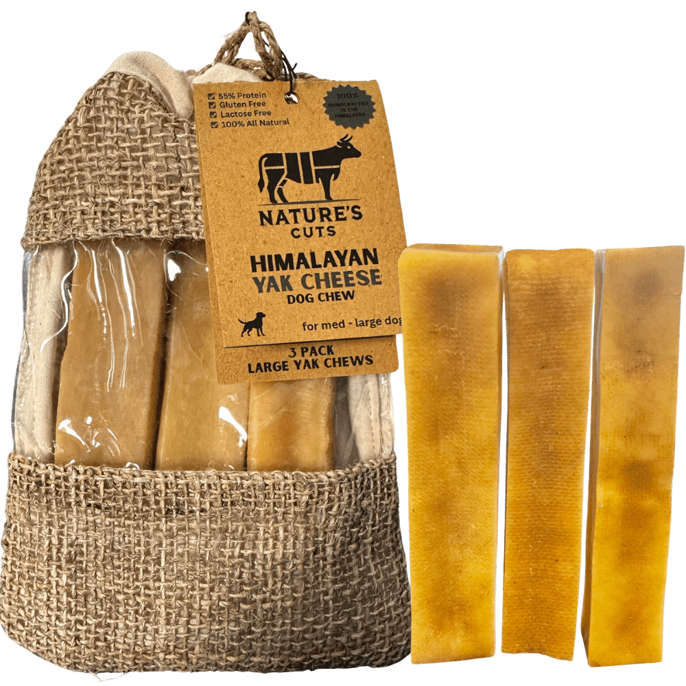 Nature's Cuts – 3-Pack Large Yak Chews in Handmade Woven Bag. - 100% All-Natural | Handmade in Nepal | Traditional Himalayan Recipe