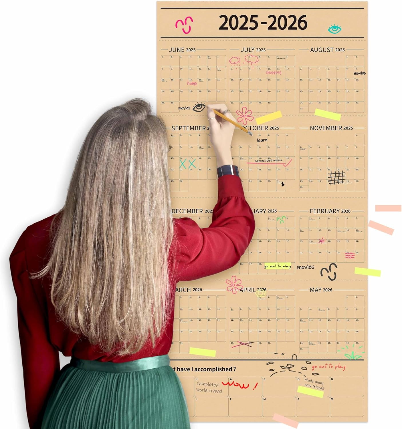 Large Yearly Wall Calendar 20252026, Full Year Calendar One Page, Jun