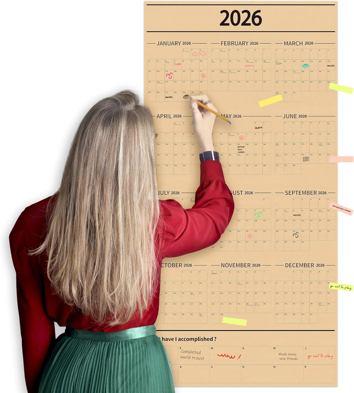 Large Yearly Wall Calendar 2026, Full Year Calendar One Page, Jan 2026- Dec 2026, Annual Wall Planner 2026, 24"X 48" 12-Month Planner with Stickers