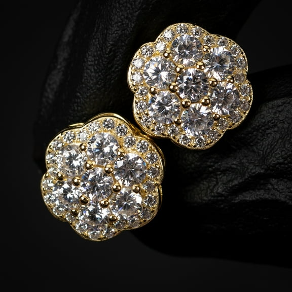 Large Yellow Gold 925 Sterling Silver Flower Cluster Hip Hop Stud Earrings
