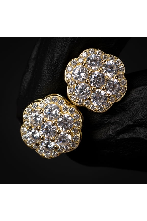 Large Yellow Gold 925 Sterling Silver Flower Cluster Hip Hop Stud Earrings