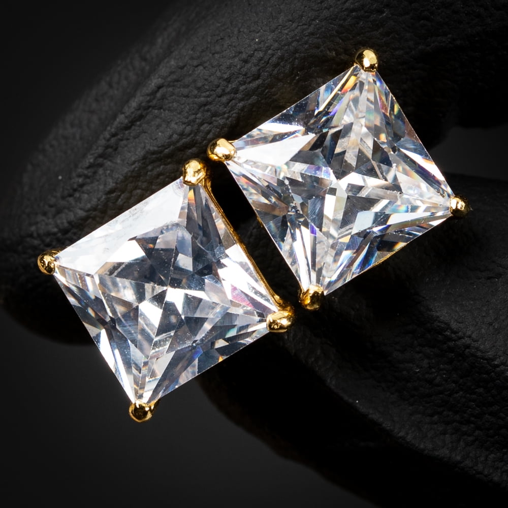 Large Yellow Gold 925 Sterling Silver Unisex Square Princess Cut Stud Screw Back Earrings