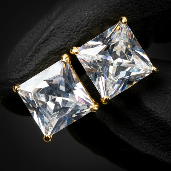 Large Yellow Gold 925 Sterling Silver Unisex Square Princess Cut Stud Screw Back Earrings