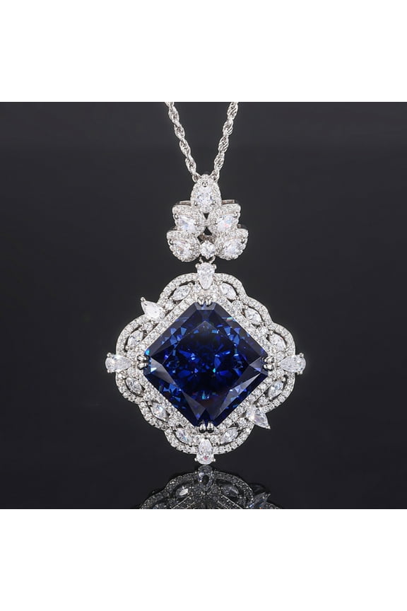 Large Yellow / Royal Blue Pendant Necklace for Women Crushed Ice Square Radiant Cut 18X18MM CZ Simulated Diamond Necklace 925 Sterling Silver Necklaces