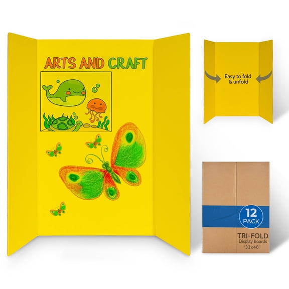 Large Yellow Tri Fold Cardboard Display Board 32x48 Inches 12 Pack, Self Standing Trifold Poster Board for Science Fair Business Presentations