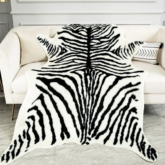 Large Zebra Print Carpet Faux Animal Cowhid Rug Non-Slip Decorate Mat for Living Room Home Office Bedroom 78.7inx59in