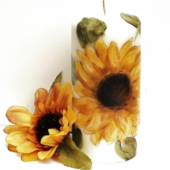 Large ative Bohemian Hand Painted Yellow Sunflower Flower White Pillar Candle Boho Chic Thanksgiving Table ations