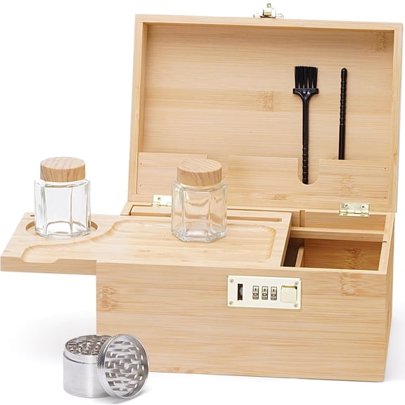 Large bamboo box, locked storage decorative box with combination lock, wooden lock box with lid, wooden locked storage box with removable tray and jars