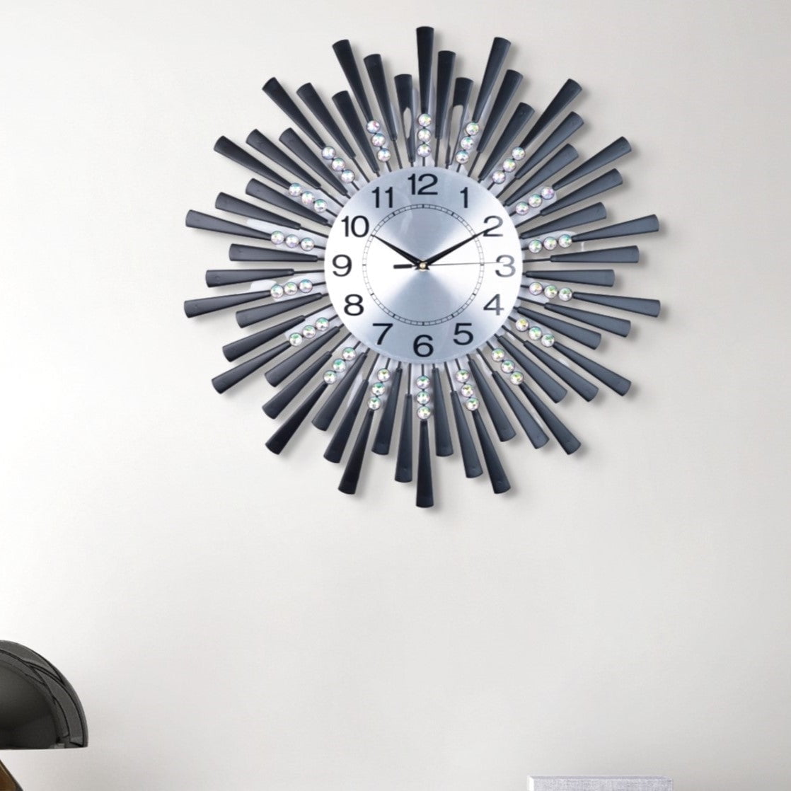 Large black wall clock carved starburst sunburst flat metal clock 60 cm