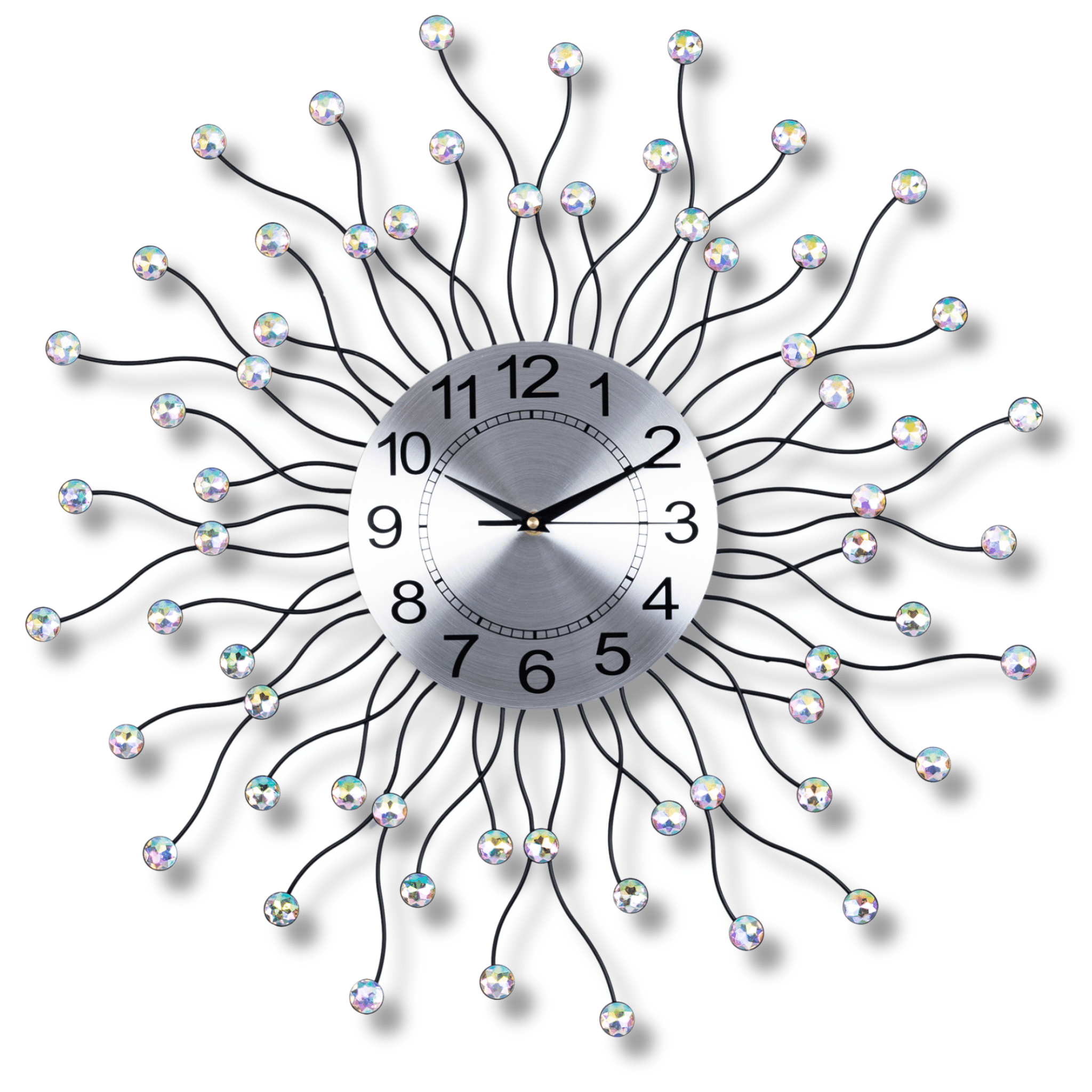 Large black wall clock crystals sunburst starburst metal clock 60 cm 24