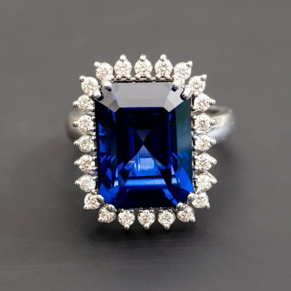 Large blue emerald cut Lab sapphire statement ring for women 925 Silver Ring