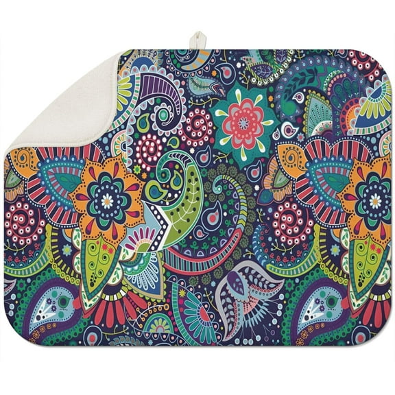 Large boho floral dish mat 18x24 Inch with absorbent microfiber material, washable and reusable, fits under dish racks