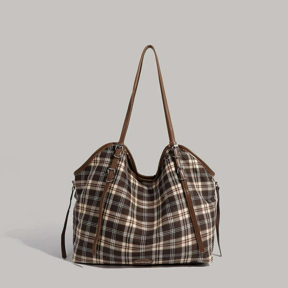 Large-capacity contrasting plaid tote for women, new autumn commuting fashion casual canvas shoulder bag