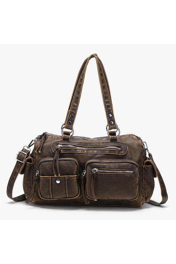 Large capacity crossbody bag, European and American style women's bag, niche washed tote motorcycle bag, bowling bag