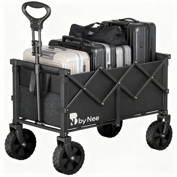 Large-capacity folding camping and gardening cart. All-terrain wheels and extra-large cargo space. Ideal for camping, picnics, gardening, and market shopping; reinforced frame structure combines dur