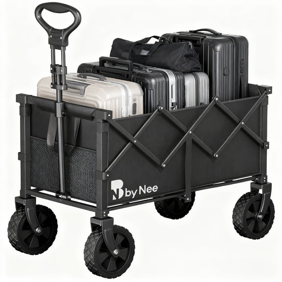 Large-capacity folding camping and gardening cart. All-terrain wheels and extra-large cargo space. Ideal for camping, picnics, gardening, and market shopping; reinforced frame structure combines dur