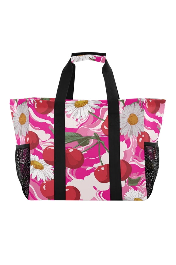 Large-capacity handheld storage bag Thickened picnic travel bag oversized clothing luggage organizing bag Cherries and Daisies