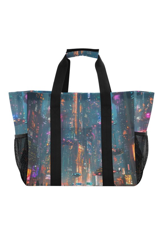 Large-capacity handheld storage bag:Thickened picnic travel bag,oversized clothing luggage organizing bag. Future City Scene