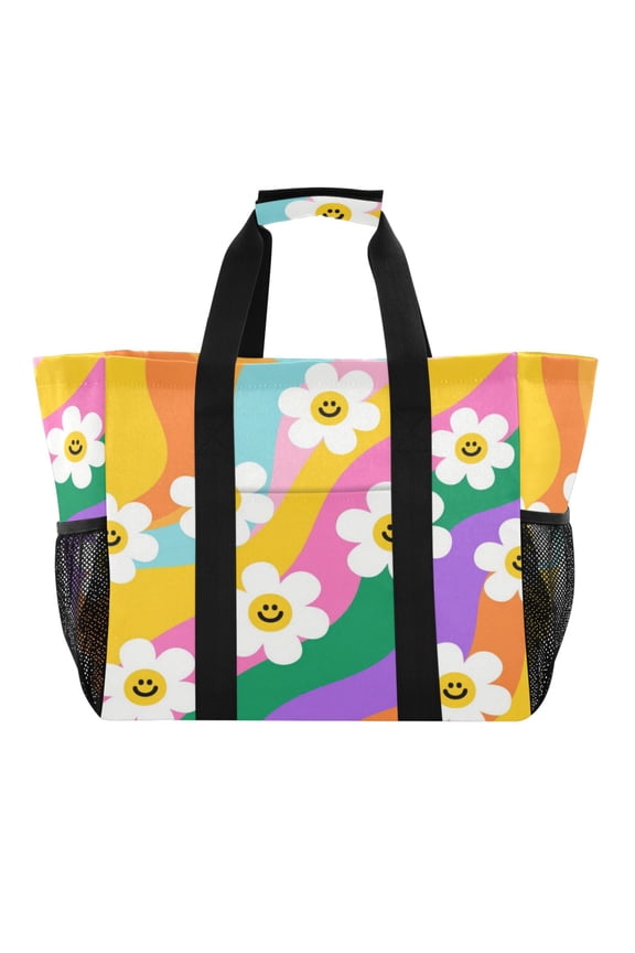 Large-capacity handheld storage bag Thickened picnic travel bag oversized clothing luggage organizing bag Smiley Daisy on Rainbow Background