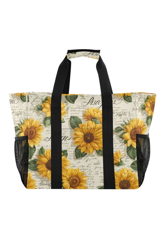 Large-capacity handheld storage bag Thickened picnic travel bag oversized clothing luggage organizing bag Vintage Paper with Sunflowers
