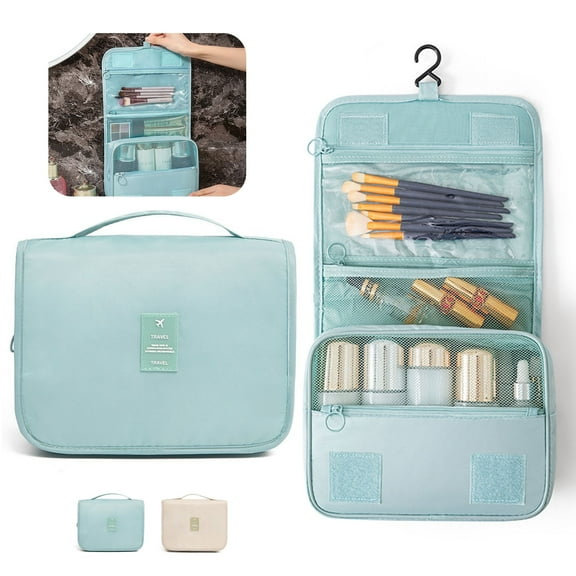 Travel Hanging Makeup Bag - Transparent Waterproof Foldable Cosmetic Storage with Mesh Compartments, Blue