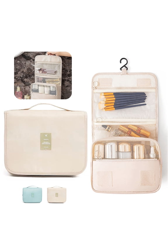 Travel Hanging Makeup Bag - Transparent Waterproof Foldable Cosmetic Storage with Mesh Compartments, Beige.