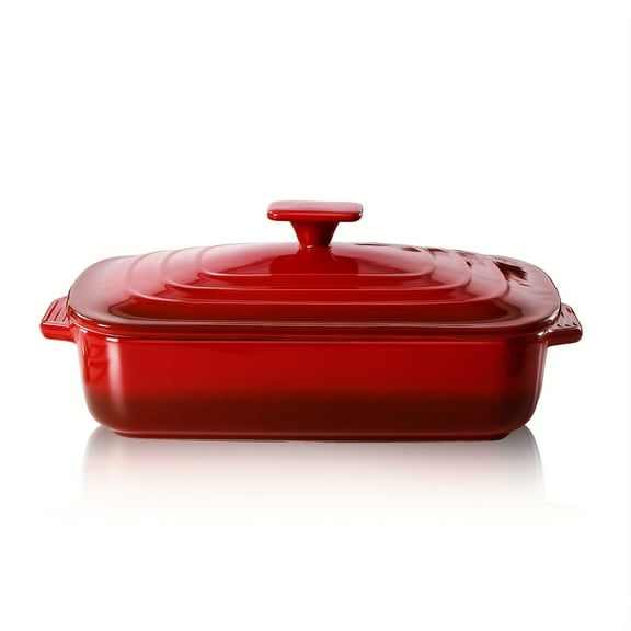 Large ceramic casserole dish with lid, 4.0-quart rectangular rustic ceramic baking dish, deep 9x13inch wide-noodle baking dish for baking and serving, perfect for Mother's Day gift, red