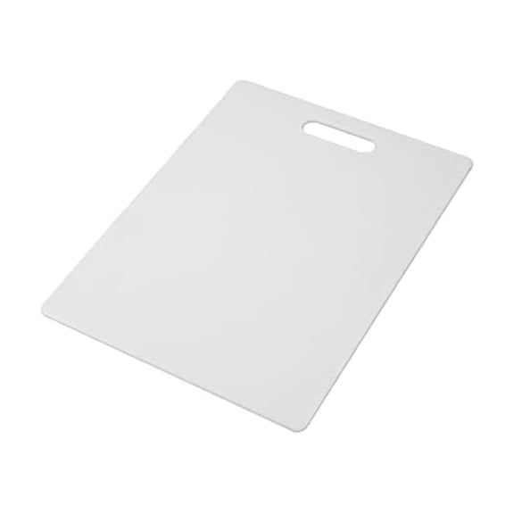 Large cutting board, dishwasher safe, plastic cutting board with easy-grip handle, measures 11 inches x 14 inches, white.