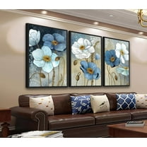 Large d Canvas Wall Art - Abstract Floral Wall Decor, Navy Blue Flowers Pictures, Ink Wash Botanical Painting Prints for Living Room Bedroom Office Bathroom Artwork 16" X 24" X 3 Pcs