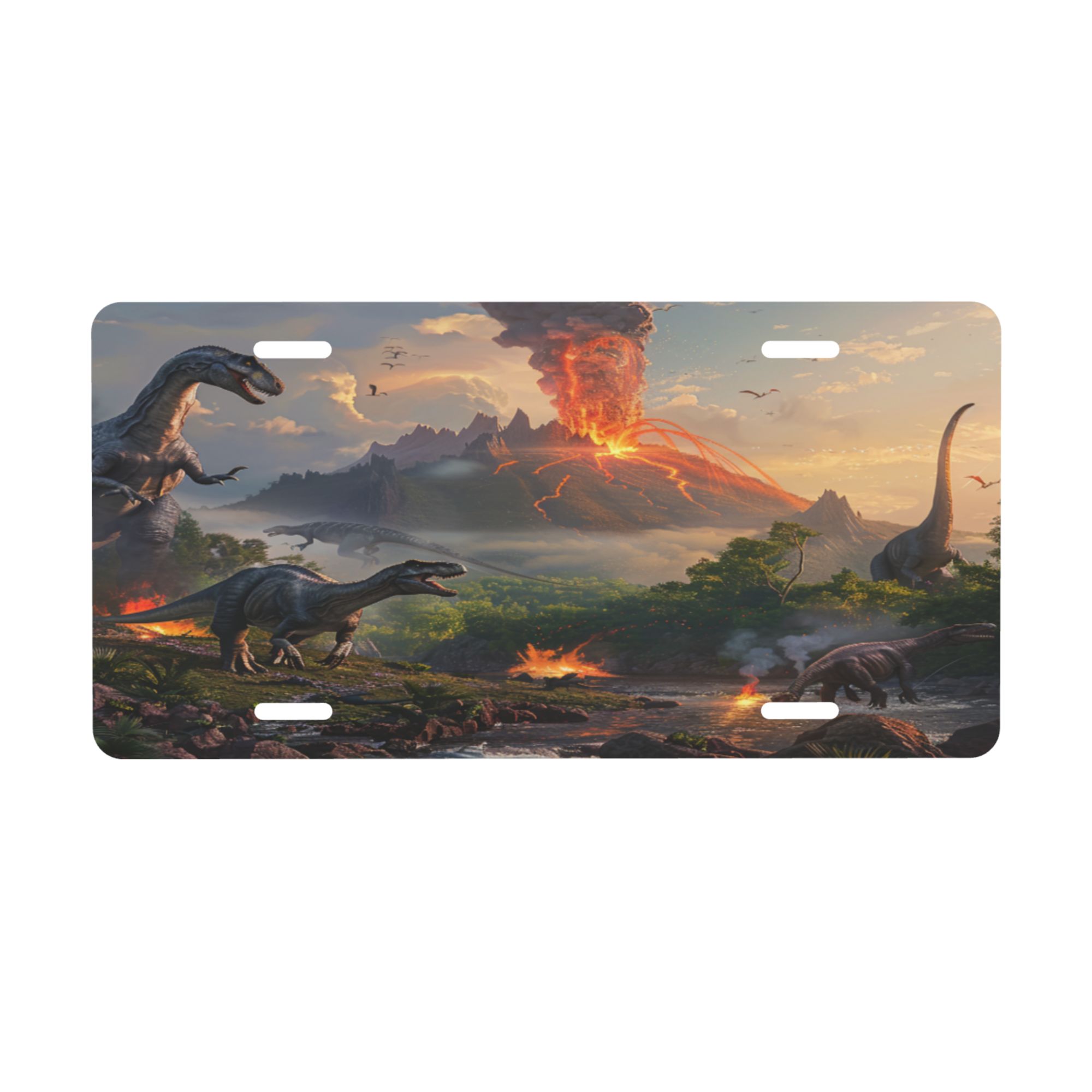 Large dinosaurs and a river with a volcano License Plate 6" x 12