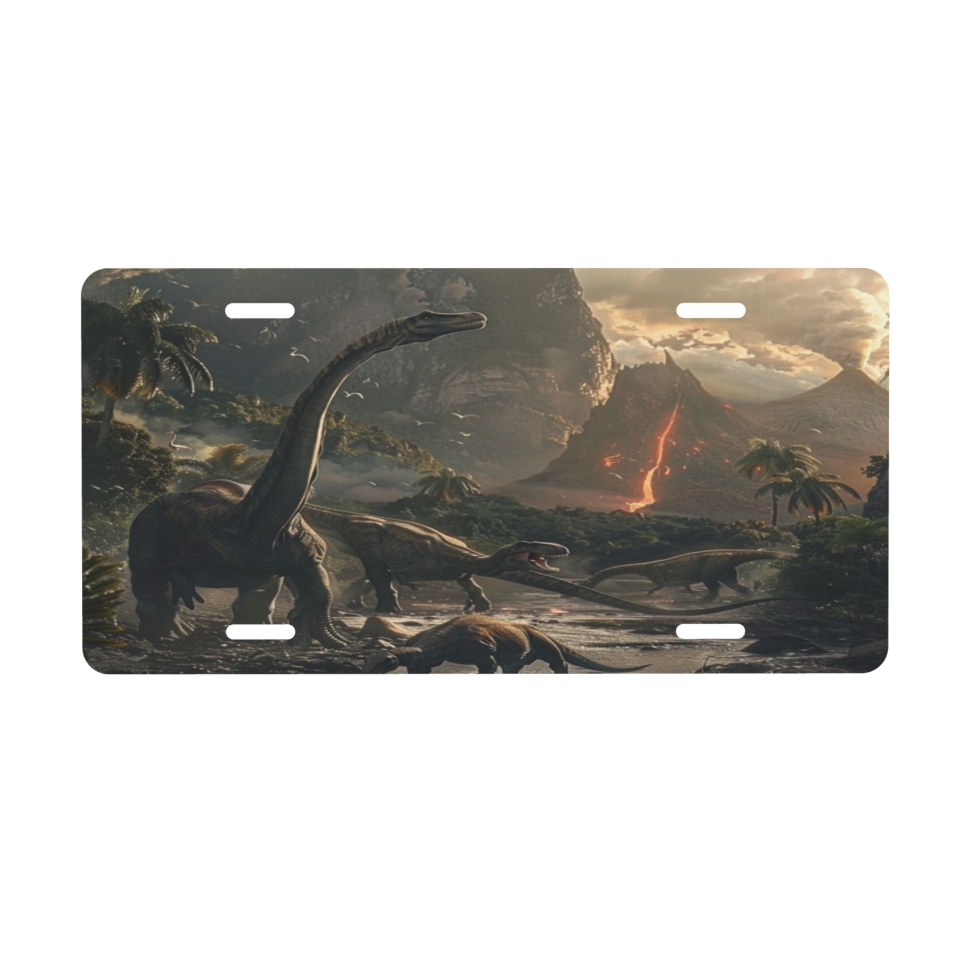 Large dinosaurs and a river with a volcano License Plate 6" x 12